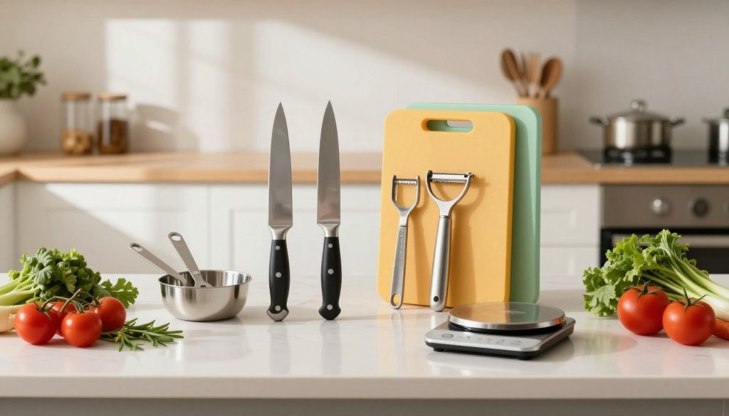 A beautifully arranged, minimalist kitchen countertop showcasing essential kitchen prep tools under $50, such as a sturdy chef's knife, a stainless steel measuring cup set, a colorful cutting board, a durable vegetable peeler, and a compact food scale. The tools are artfully placed in the foreground, surrounded by fresh vegetables and herbs for a vibrant, inviting feel. In the middle ground, a well-lit kitchen with white cabinets reflects a cozy atmosphere, while sunlight streams through a nearby window, casting gentle shadows. The background hints at neatly stored kitchen gadgets, enhancing the sense of organization. The overall mood is warm and welcoming, ideal for every home chef looking to upgrade their kitchen essentials without breaking the bank.