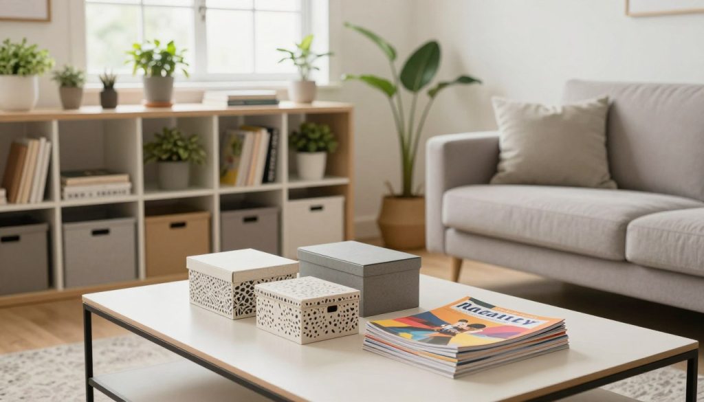 A beautifully organized living room featuring a modern, minimalist aesthetic. In the foreground, a stylish, neatly arranged coffee table showcases decorative storage boxes and a stack of colorful magazines. The middle space reveals a coordinated shelving unit filled with plants, books, and labeled bins, promoting an efficient use of space. The background captures a well-lit window with soft, natural light pouring in, illuminating the room's light neutral tones and enhancing its spacious feel. Use a wide-angle lens to capture the entirety of the room, conveying a warm and inviting atmosphere. The overall mood should feel calm and serene, illustrating effective home organization strategies that create a harmonious living space.