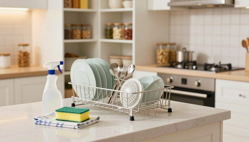 A bright and organized kitchen scene showcasing essential daily habits for cleaning. In the foreground, a neatly arranged kitchen countertop with a sprayer bottle, sponge, and dishcloth, radiating cleanliness. In the middle, an open dish drying rack filled with sparkling clean dishes and utensils, emphasizing efficiency and tidiness. The background features a well-organized pantry with labeled jars and a spotless stove gleaming under soft, warm lighting. The scene is visually inviting, conveying a sense of calm and order. Use a wide-angle lens to capture the entire kitchen space, highlighting a cheerful, motivating atmosphere perfect for inspiring daily kitchen cleaning habits. A bright and organized kitchen scene showcasing essential daily habits for cleaning. In the foreground, a neatly arranged kitchen countertop with a sprayer bottle, sponge, and dishcloth, radiating cleanliness. In the middle, an open dish drying rack filled with sparkling clean dishes and utensils, emphasizing efficiency and tidiness. The background features a well-organized pantry with labeled jars and a spotless stove gleaming under soft, warm lighting. The scene is visually inviting, conveying a sense of calm and order. Use a wide-angle lens to capture the entire kitchen space, highlighting a cheerful, motivating atmosphere perfect for inspiring daily kitchen cleaning habits.
