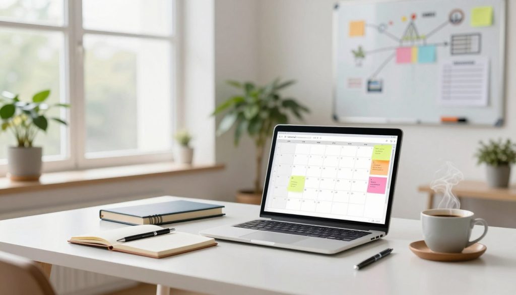 A clean, organized workspace filled with motivational productivity tools. In the foreground, a modern desk featuring a sleek laptop open to a calendar with colorful sticky notes reminding of essential tasks. A stylish notebook and a high-quality pen lay nearby, while a cup of steaming coffee adds a warm touch. In the middle, a large window lets in soft natural light, illuminating the space and creating an inviting atmosphere. Several indoor plants in the background contribute to a refreshing and energetic vibe. A wall with a whiteboard displays mind maps and productivity charts, subtly enhancing the focus on daily success. The overall mood is bright, inspiring, and professional, perfect for illustrating effective productivity tips.