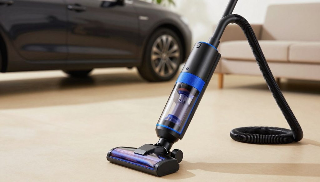 A high suction power vacuum cleaner is prominently placed in the foreground, showcasing its sleek and modern design with a matte black finish and bright blue accents. The vacuum has a strong hose and multiple attachments, indicating its versatility for both car and home cleaning. In the middle ground, an uncluttered living space and a car interior are subtly depicted, hinting at the vacuum's intended use. Soft, natural lighting illuminates the scene, creating a warm and inviting atmosphere. The angle captures the vacuum slightly from above, emphasizing its features and giving a dynamic perspective. The overall mood conveys efficiency and cleanliness, reflecting the importance of choosing a high-performance portable vacuum. A high suction power vacuum cleaner is prominently placed in the foreground, showcasing its sleek and modern design with a matte black finish and bright blue accents. The vacuum has a strong hose and multiple attachments, indicating its versatility for both car and home cleaning. In the middle ground, an uncluttered living space and a car interior are subtly depicted, hinting at the vacuum's intended use. Soft, natural lighting illuminates the scene, creating a warm and inviting atmosphere. The angle captures the vacuum slightly from above, emphasizing its features and giving a dynamic perspective. The overall mood conveys efficiency and cleanliness, reflecting the importance of choosing a high-performance portable vacuum.