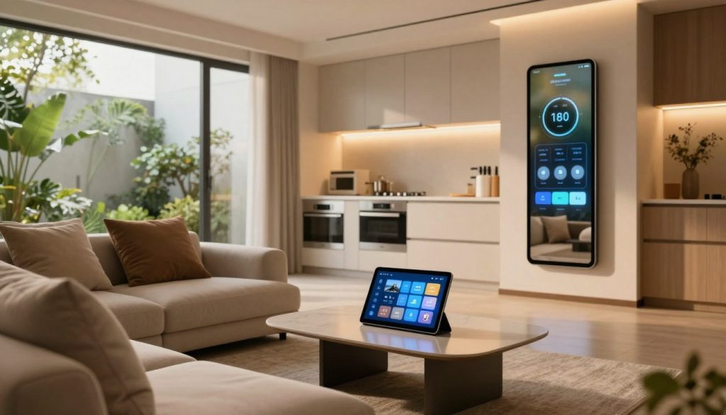 A modern, stylish living room embodying the concept of smart living. In the foreground, a cozy couch with plush cushions sits next to a sleek coffee table adorned with a smart tablet displaying home control applications. The middle ground features an open kitchen with smart appliances, illuminated by warm, soft lighting. A smart mirror reflecting innovative technology and energy-efficient solutions, like LED lighting and eco-friendly materials. In the background, large windows allow natural light to flood the space, showcasing a sustainable indoor garden with greenery. The atmosphere is inviting and tranquil, symbolizing a harmonious blend of technology and comfort, captured with a warm lens at eye level for an immersive perspective.
