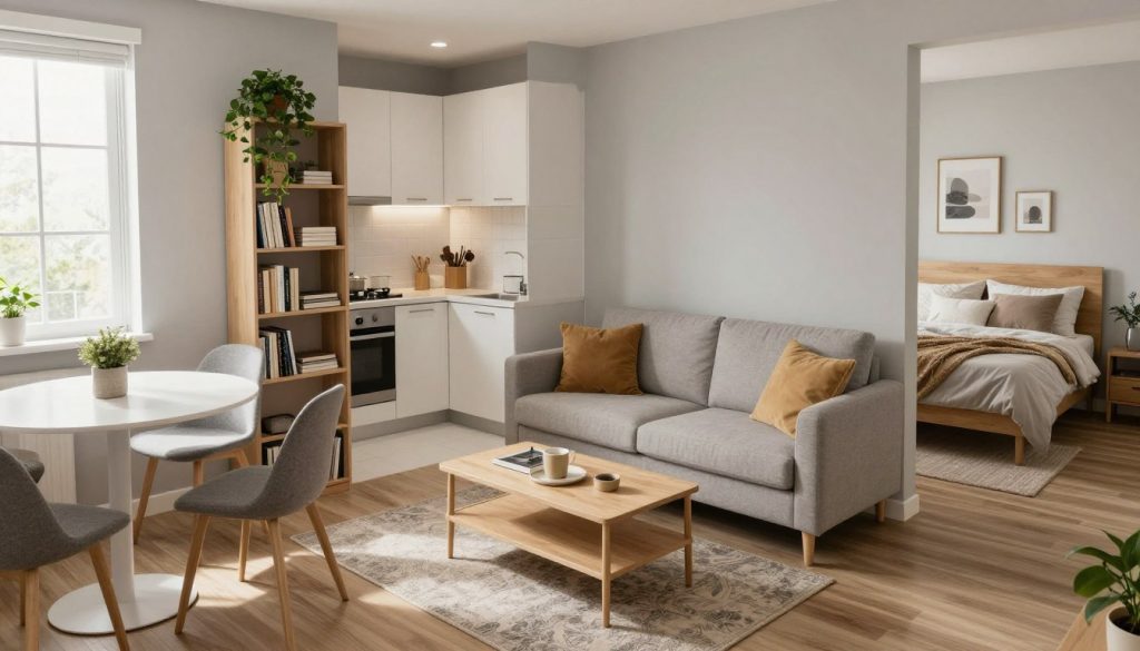 A stylish small apartment interior design that maximizes floor space, featuring a cozy living area with a compact sofa, a multi-functional coffee table, and a sleek bookshelf filled with books and plants for a touch of greenery. In the foreground, there’s a small dining nook with a round table and two chairs strategically placed by a window, allowing natural light to flood in. The middle ground showcases an efficient kitchen with modern appliances and clever storage solutions, while the background features a well-organized bedroom nook with a minimalist bed and soft bedding for comfort. The atmosphere is warm and inviting, with soft lighting and a calming color palette of light grays, whites, and natural wood tones, captured from a slightly elevated angle to emphasize the layout.