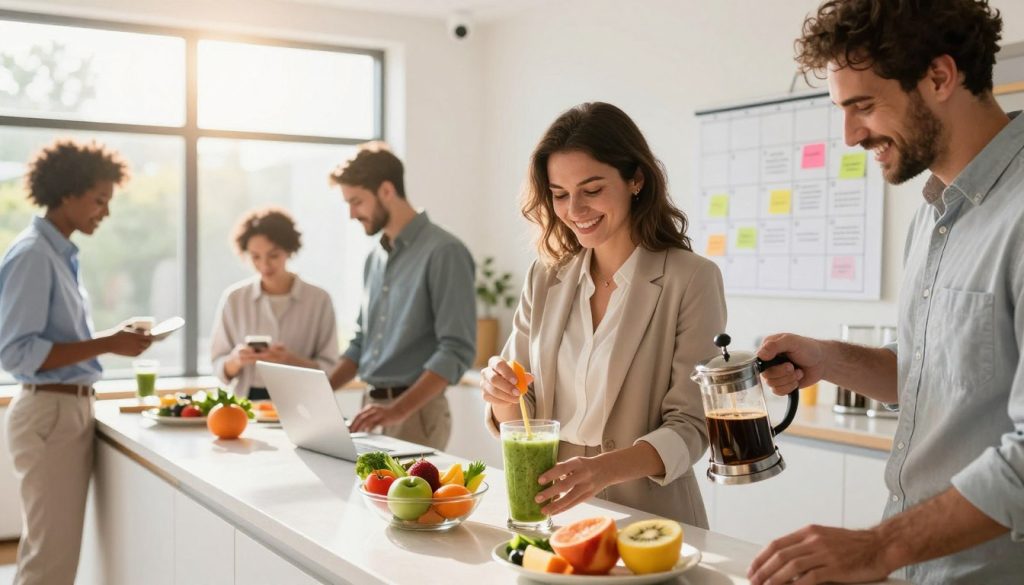 A sunlit kitchen scene showcasing a diverse group of people in professional business attire using various life hacks to enhance morning productivity. In the foreground, a woman is preparing a healthy breakfast smoothie with vibrant fruits and vegetables, while a man brews coffee using a stylish French press. The middle ground features a wall-mounted calendar with organized tasks and colorful sticky notes, illustrating time management tips. In the background, large windows let in warm, natural light that highlights the freshness of the space, creating an inviting atmosphere. The scene captures a sense of motivation, with bright colors and an energetic vibe, focusing on the importance of efficient and enjoyable morning routines. The camera angle is slightly elevated, creating a dynamic perspective.