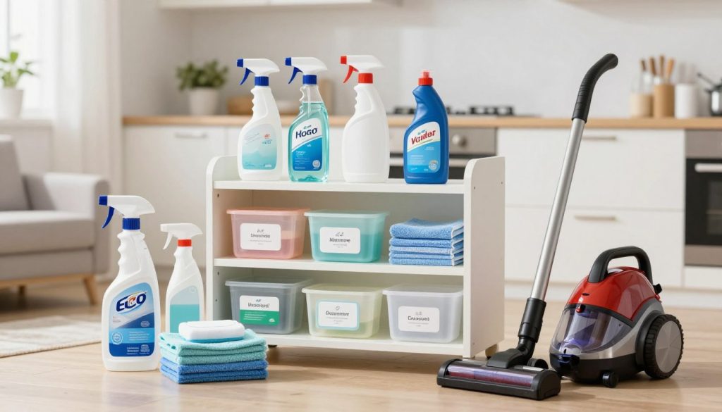 A visually appealing arrangement of top-rated cleaning supplies for various rooms, prominently displayed in the foreground. Include a sleek spray bottle, eco-friendly cleaning wipes, a multi-surface cleaner, microfiber cloths, and a powerful vacuum cleaner. In the middle, showcase a beautifully organized shelf with neatly labeled containers of supplies, emphasizing a clean and orderly look. The background features softly blurred elements of a clean kitchen and living space, hinting at a fresh and tidy atmosphere. Utilize bright, natural lighting to create an inviting and cheerful mood, with a slight angle to highlight the products. The scene should evoke a sense of efficiency and satisfaction in maintaining a spotless home, perfect for simplifying chores. A visually appealing arrangement of top-rated cleaning supplies for various rooms, prominently displayed in the foreground. Include a sleek spray bottle, eco-friendly cleaning wipes, a multi-surface cleaner, microfiber cloths, and a powerful vacuum cleaner. In the middle, showcase a beautifully organized shelf with neatly labeled containers of supplies, emphasizing a clean and orderly look. The background features softly blurred elements of a clean kitchen and living space, hinting at a fresh and tidy atmosphere. Utilize bright, natural lighting to create an inviting and cheerful mood, with a slight angle to highlight the products. The scene should evoke a sense of efficiency and satisfaction in maintaining a spotless home, perfect for simplifying chores.