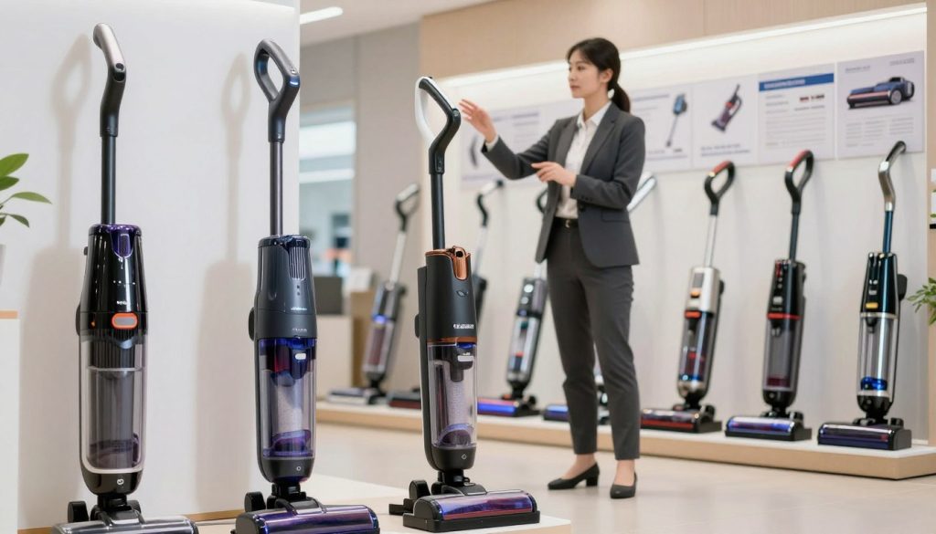A visually informative scene depicting a variety of vacuum cleaners positioned prominently in a well-lit showroom. In the foreground, a sleek, modern canister vacuum stands out beside a traditional upright model, both showcasing different features such as HEPA filters and attachments. In the middle, a professional-looking person in business attire examines a vacuum, with a thoughtful expression as they compare options. Soft, natural lighting enhances the clarity and details of the vacuum cleaners, while the background features shelves filled with vacuum accessories and informational brochures. The atmosphere conveys a sense of decision-making and guidance, illustrating essential factors to consider when choosing a vacuum cleaner. A visually informative scene depicting a variety of vacuum cleaners positioned prominently in a well-lit showroom. In the foreground, a sleek, modern canister vacuum stands out beside a traditional upright model, both showcasing different features such as HEPA filters and attachments. In the middle, a professional-looking person in business attire examines a vacuum, with a thoughtful expression as they compare options. Soft, natural lighting enhances the clarity and details of the vacuum cleaners, while the background features shelves filled with vacuum accessories and informational brochures. The atmosphere conveys a sense of decision-making and guidance, illustrating essential factors to consider when choosing a vacuum cleaner.